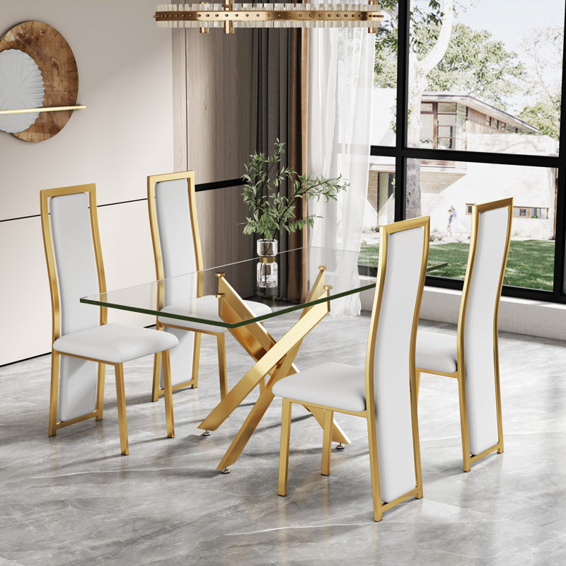 Mercer41 Bloomsdale Modern luxury 4 Seater Glass Top Pedestal Dining Table Set with Velvet Dining Chairs Reviews Wayfair